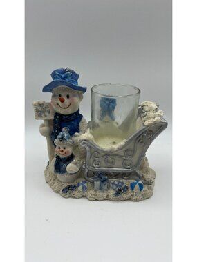 Frosty Snowman Blue & White Candle Holder Figurine Winter Decor